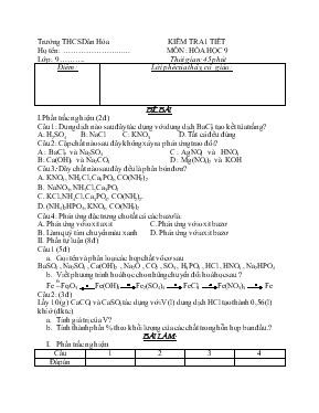 Kiểm tra 1 tiết môn  Hóa học 9 thời gian 45 phút trường THCS Dân Hòa